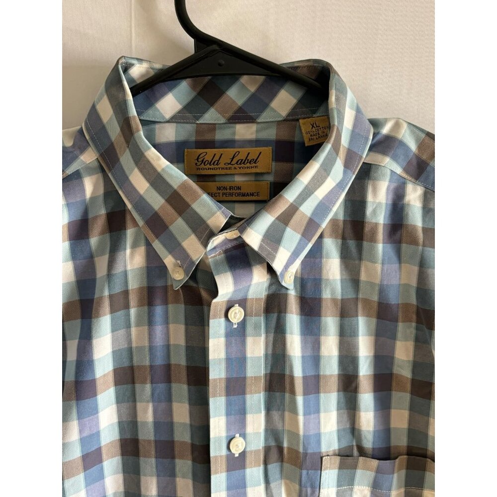 Gold Label Roundtree & Yorke Mens XL Non-Iron Short Sleeve Plaid Shirt